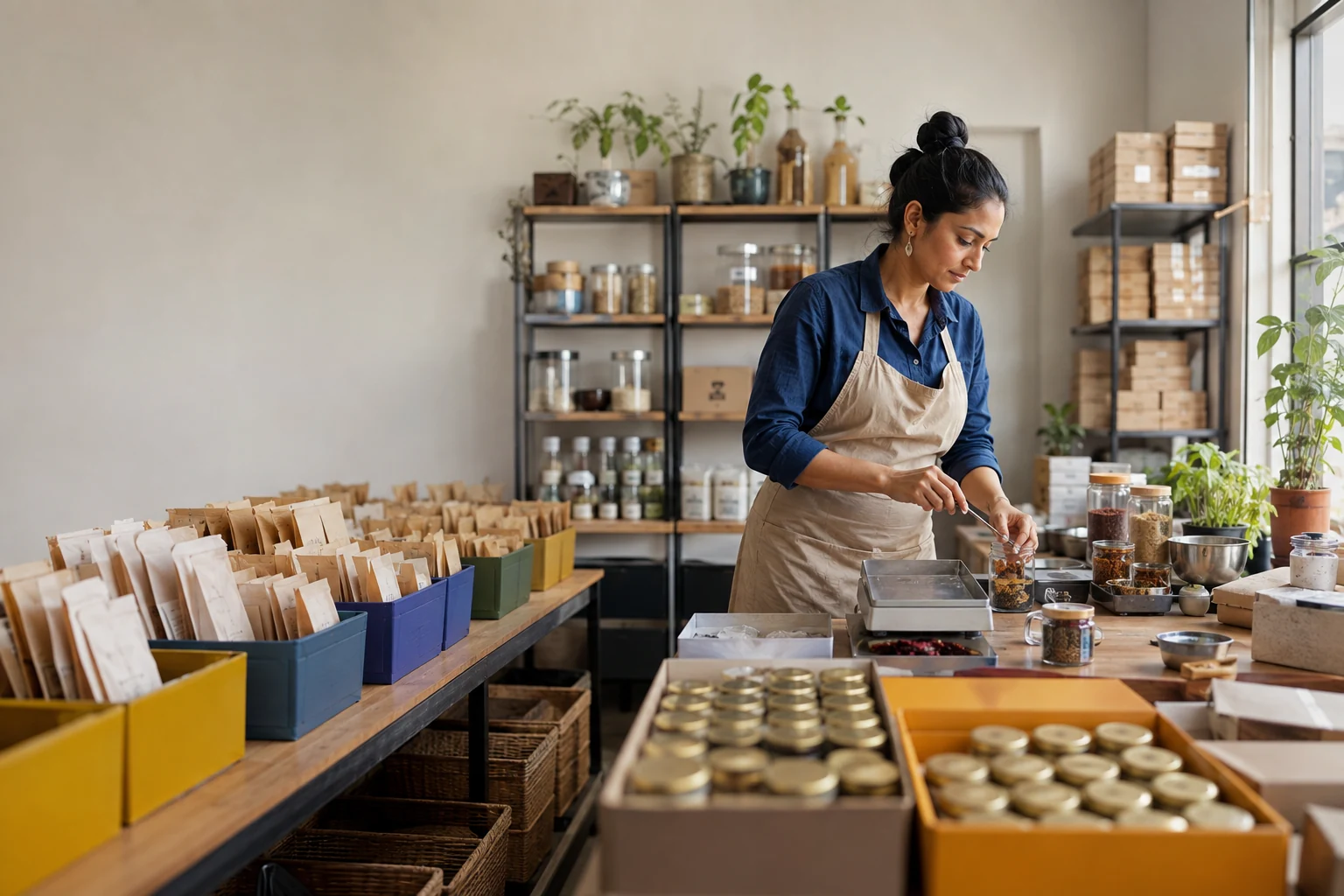 A solo spice maker calmly moves orders through a compact, organized production studio.