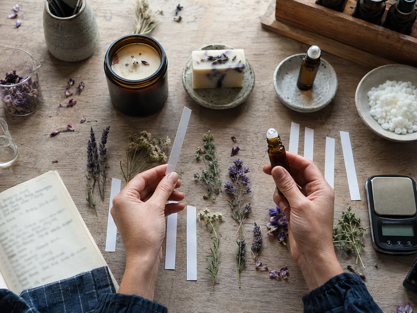 Coordinated candle, soap, and roll-on scent prototypes are compared at a formulation bench.