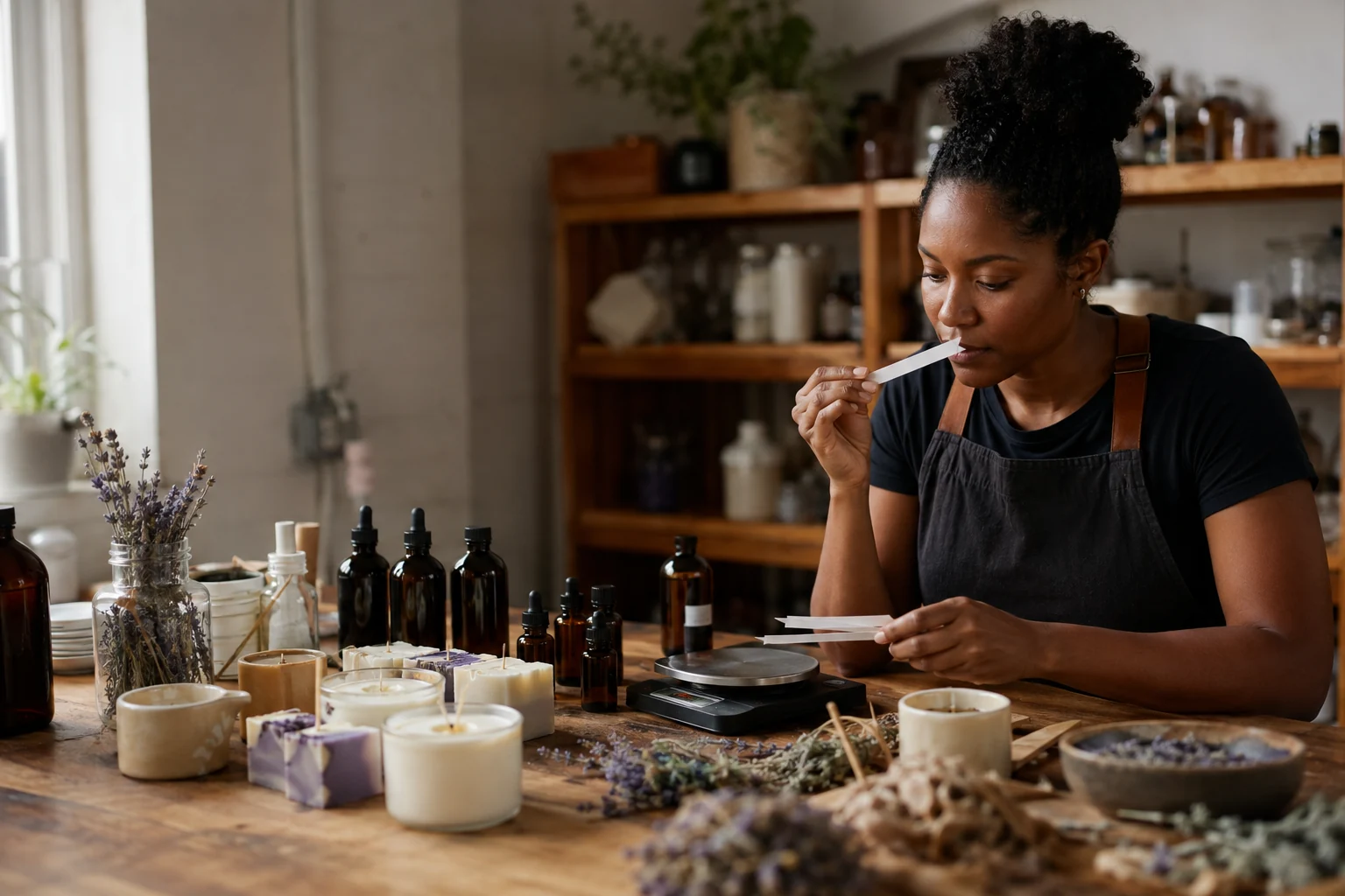 A fragrance maker evaluates scent blotters beside candles, soap, and botanical materials.