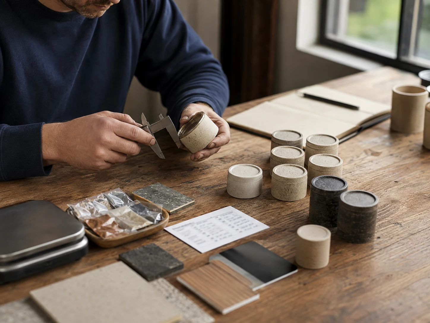 A maker compares the retained first-batch sample with new units using quality tools and batch notes.