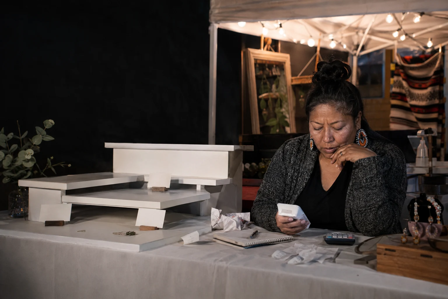 A market seller reviews event costs at an empty booth after selling out.