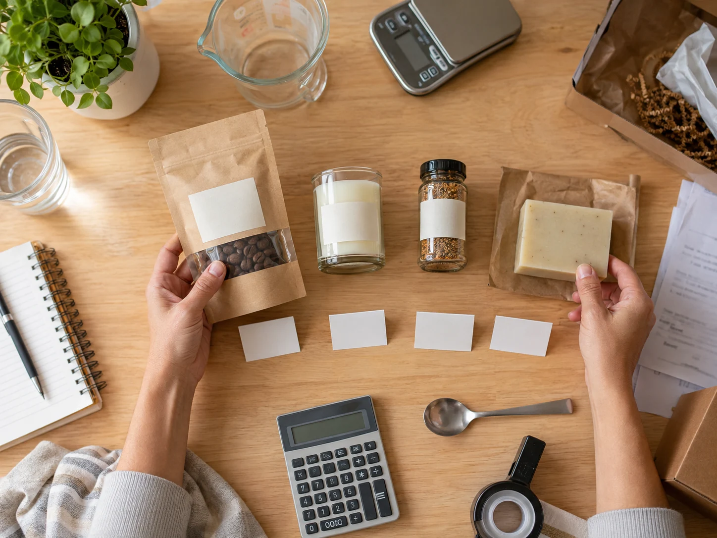 Small coffee, candle, spice, and soap prototypes are compared as possible low-budget launch tests.