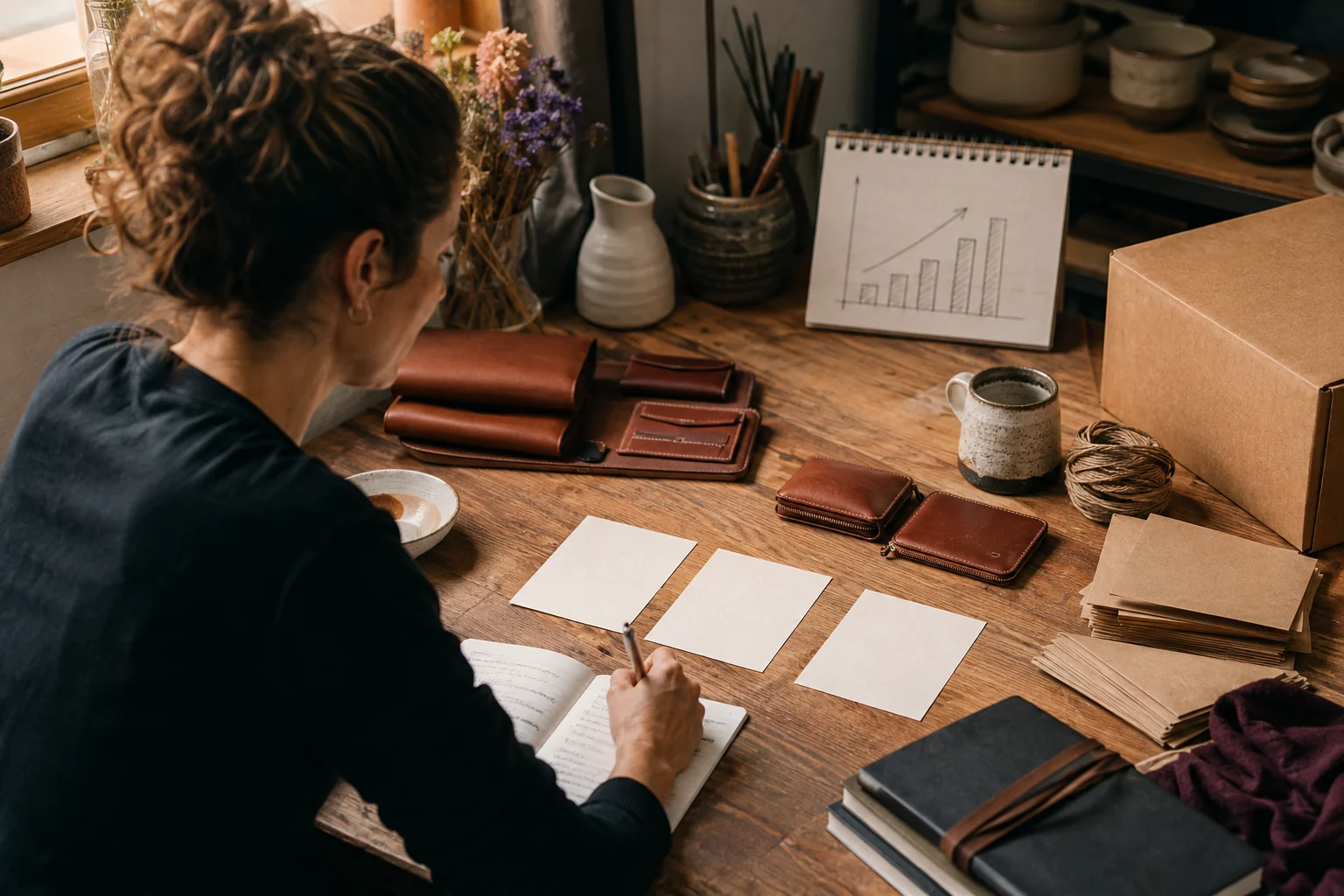 A craft-business founder studying three handwritten lesson cards beside finished products and a simple sales chart.