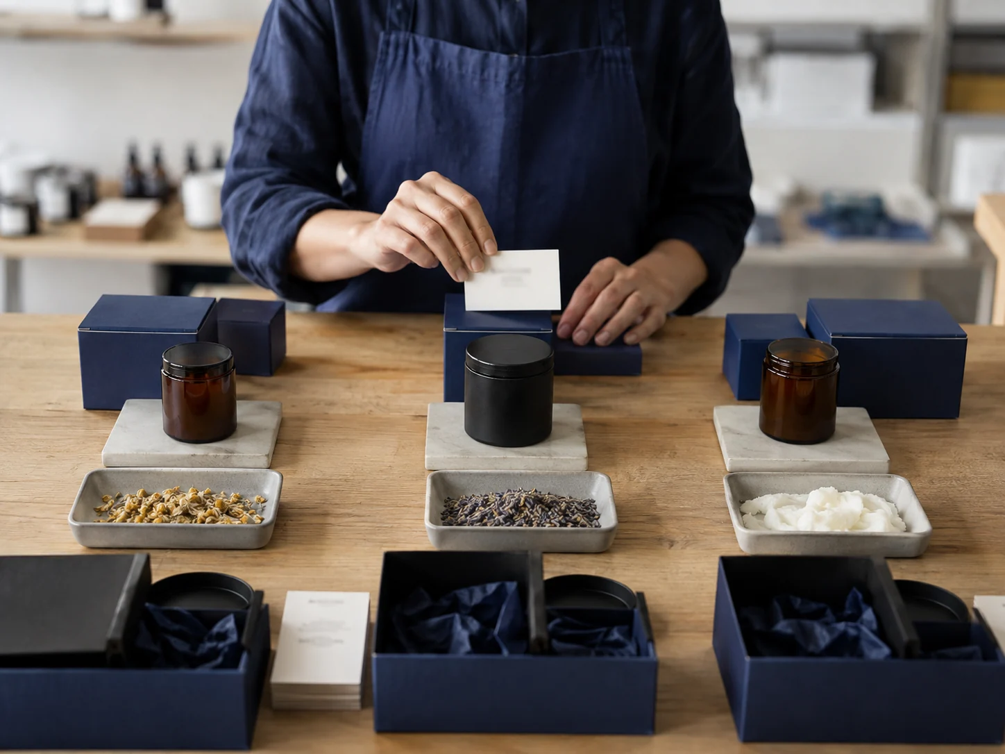 Three products sit beside their organized raw-material and packaging bins.