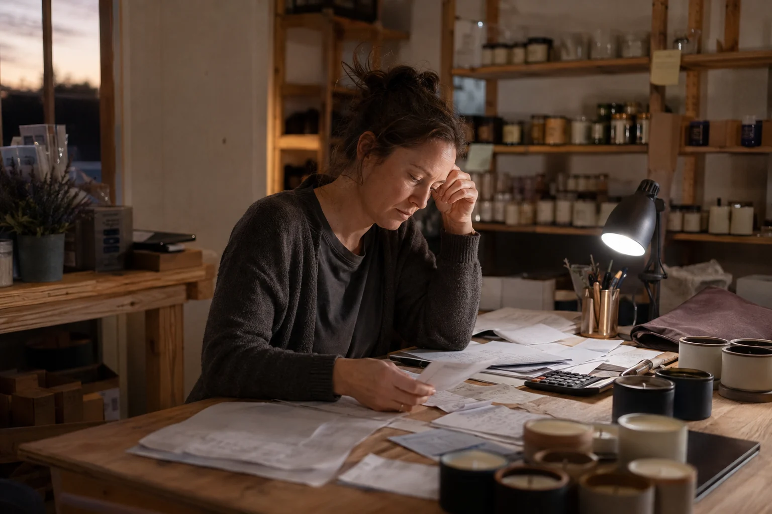 A tired craft-business owner reviewing order receipts, raw materials, and a calculator in a working studio after hours.