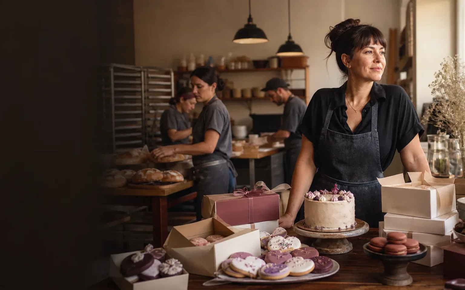Bakery owner with completed orders organized for pickup