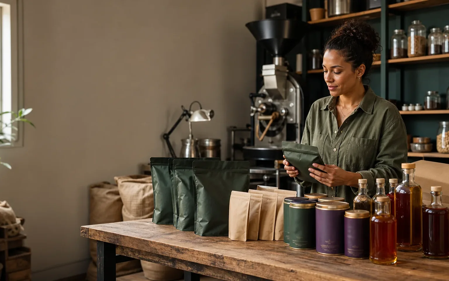 Coffee and beverage maker with finished products ready for fulfillment