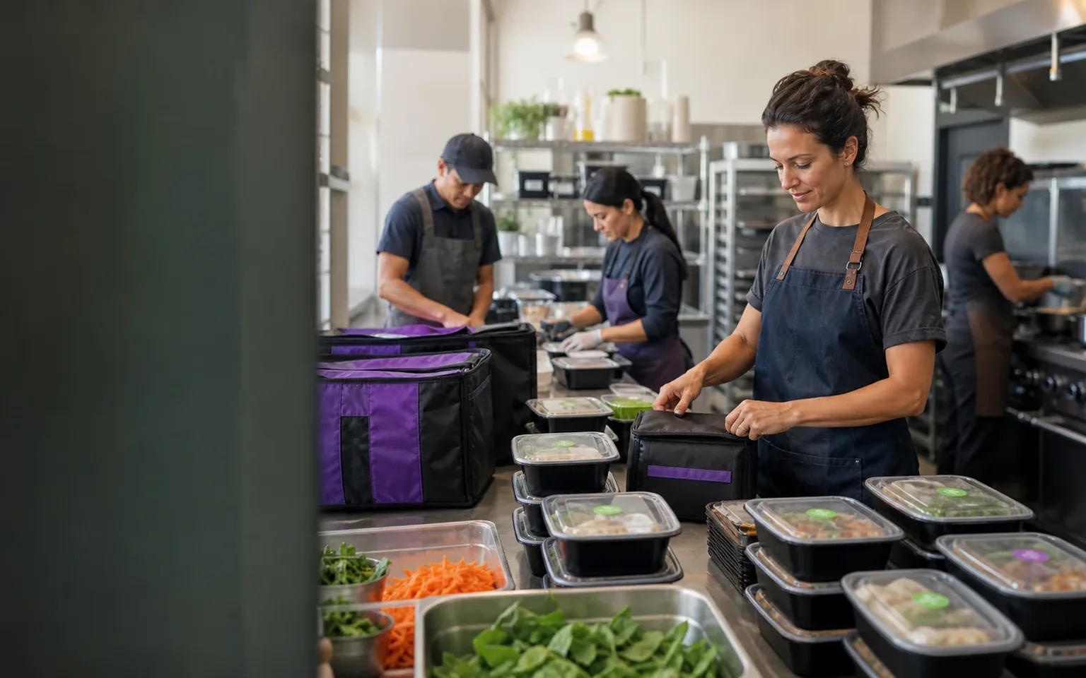 Meal prep team calmly packing completed orders for dispatch
